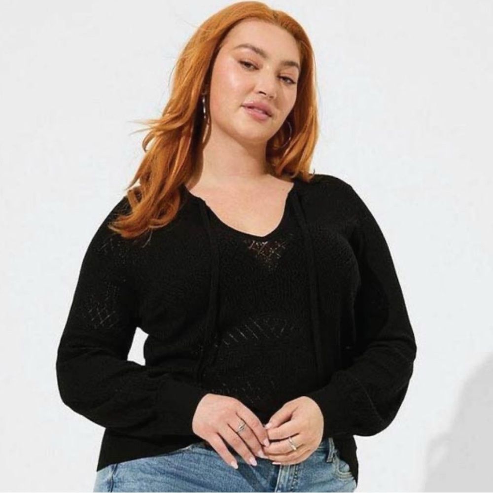 Torrid Black Pointelle Knit Pullover Tie Neck Sweater plus size 3X Women's